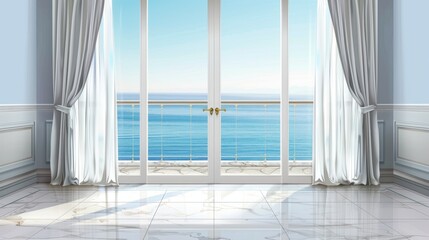 With white silk curtains and a view of the sea. Modern realistic interior of an empty room in a home or hotel with access to the balcony and terrace.