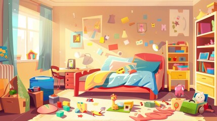 Inventories of furniture and equipment for games inside a cluttered room for kids. Clunky apartment interior with furniture and equipment for games. Cartoon modern illustration.