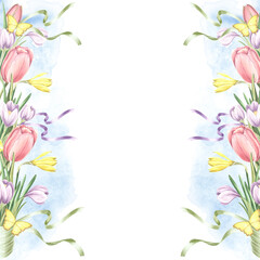 Postcard template with tulips, crocuses and daffodils flowers, butterflies and watercolor stains. Background watercolor frame with copy space. Isolated hand drawn illustration for invitation, card.
