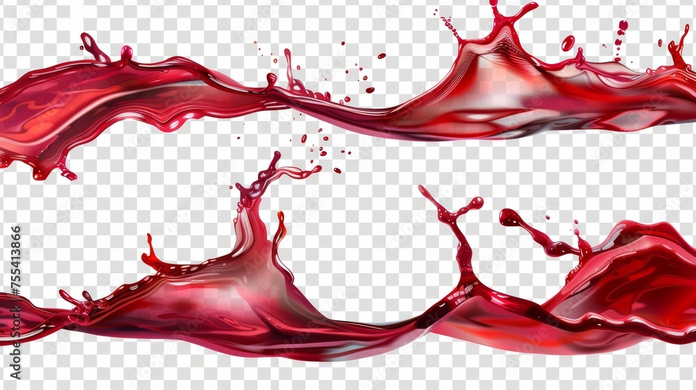 Poster an isolated horizontal splash of red juice or wine on a transparent background. modern realistic set