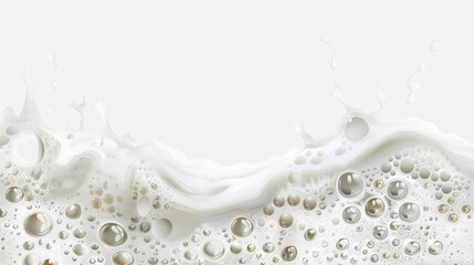 The white foam from soap is isolated on a transparent background, along with the bubbles and seamless border. Waves in the sea or ocean, laundry detergent spume, realistic 3D modern illustration. - obrazy, fototapety, plakaty