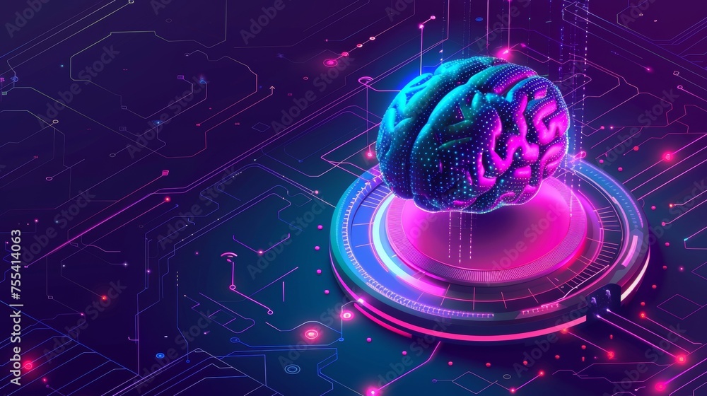 Poster using artificial intelligence, this isometric landing page has glowing human brains levitate on an a