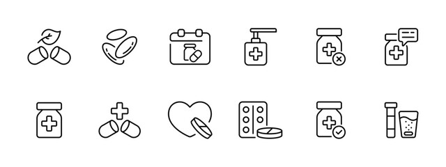Pills set icon. Natural products, red blood cells, medication schedule, cream, ointment, product description, heart pills, radiation pills, antibiotics, medicine. Vector line icon.