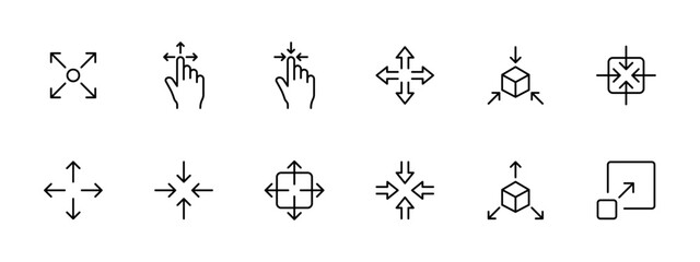 Mouse set icon. Scatter, full screen, focus, move, picture in picture, mouse cursor, simple lines. Concept of gathering and dissolving. Vector line icon on white background.
