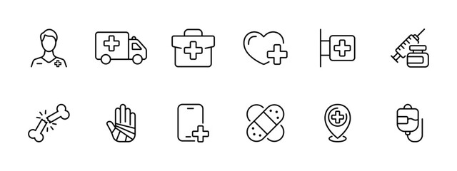 Ambulance set icon. Employee and ambulance, first aid kit, pharmacy, heart health, drugs, fractures, burns, calling an ambulance by phone, adhesive plaster, IV. Ambulance concept. Vector line icon.