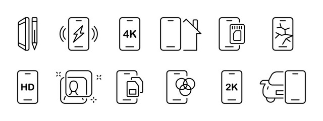 Phone set icon. Phone and pencil, charger, smart home, memory card, SIM card, face recognition. 2k, 4k and HD resolutions, broken screen, color palette. Vector line icon on white background.