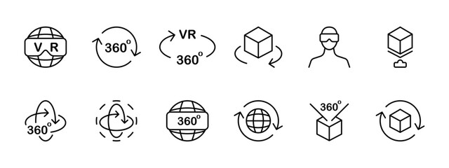 VR set icon. Virtual reality helmet, 360 degrees, full coverage, freedom of movement, VR zone, augmented reality. The concept of VR technologies and services related to them. Vector line icon. - obrazy, fototapety, plakaty