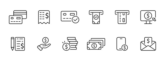 Finance set icon. Credit card, account, confirmed credit card, money at an ATM, payment by card, online shopping, signing important papers, investments , earnings from the phone. Vector line icon.
