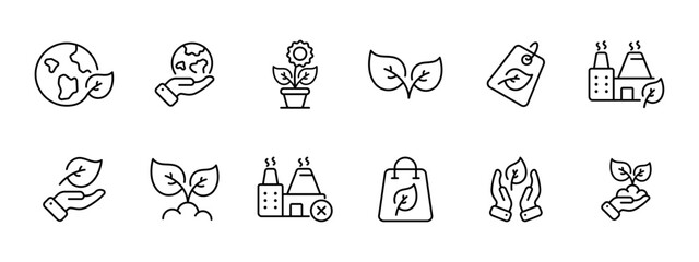 Ecology set icon. Ecology, caring for the planet, growing plants, nature, eco friendly industry, banning plants, seeds, protecting herb. Vector line icon on white background.