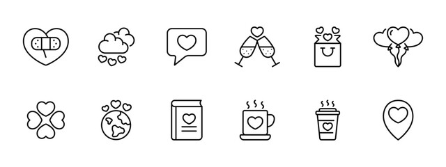 Relationships set icon. Taped heart, clouds with hearts, chatting, date, balls, clover, love all over world, book, cup, geolocation. Dating and gifts concept. Vector line icon on white background.