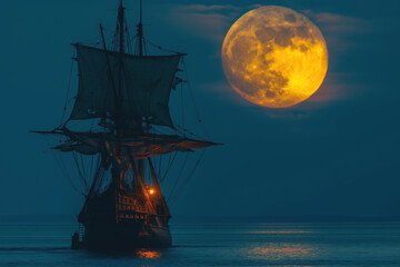 Silhouette of old pirate ship against moon at night. Vessel masts and sails outlined in stark contrast against darkened sky. Aura of mystery