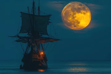 Foto op Plexiglas Silhouette of old pirate ship against moon at night. Vessel masts and sails outlined in stark contrast against darkened sky. Aura of mystery © lenblr
