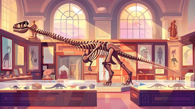 A cartoon cartoon illustration depicting a historical museum interior with dinosaur skeletons and archeological exhibits. The exhibition depicts prehistoric animals as well as ancient artifacts from