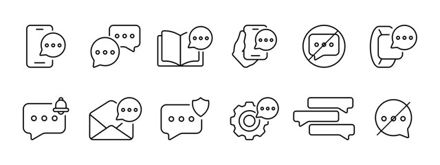 Chatting set icon. Chat, communication, correspondence, thoughts, freedom of speech, information, ban, configuration, message, email, notification. Vector line icon on white background.