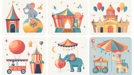 Flyers for carnival funfair. Illustration of elephant on a ball, a tent, and a food cart. Modern cartoon set of festival flyers with balloons, a circus stage and a magic castle.
