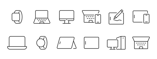 Equipment set icon. Smart watch, clock, laptop, phone, screen, monitor, tablet, computer, modern technology, keyboard. Devices and technology concept. Vector line icon on white background.