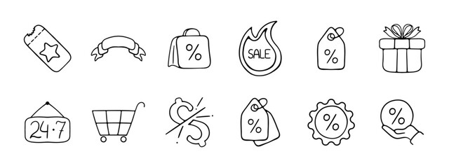 Sale set icon. Coupon, gift, announcement, money, template, hot price, discount, cart, time limit, new, 24/7. Concept of store, discounts. Vector line icon on white background.