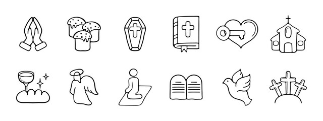 Faith set icon. Prayer, Easter, coffin, bible, key to the heart, church, wine, angel, prayer, bird, crosses. Church concept .Vector line icon on white background.