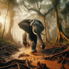 African elephant walks through the African rainforest forest
