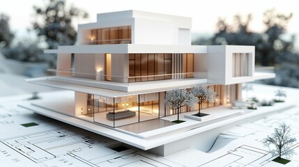 Maquette d'une villa d'architecte posée sur des plans, fond blanc, illustration ia générative
 - obrazy, fototapety, plakaty