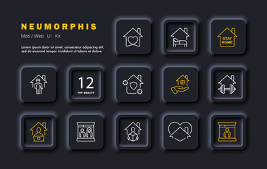 Everyday life set icon. Walking, working from home, sport, selling a house, stay home, self development, family life. Isolation, health care concept. Neomorphism style. Vector line icon