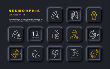 Fire set icon. Fire, danger, gasoline, burning house, feeding the fire, hydrant, wood and gasoline are burning, alarm, hose, fire message, fire. Neomorphism style. Vector line icon