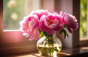 beautiful pink peonies in a vase by the window
