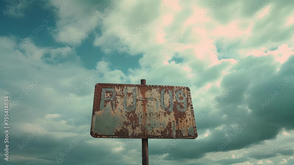 Poster a rusted sign displaying the airports code its letters ly legible against a backdrop of cloudy skies