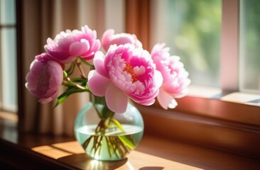 beautiful pink peonies in a vase by the window