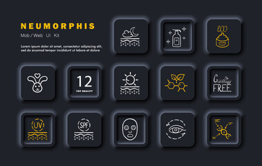 Skin care set icon. Various creams, night, day, eco friendly, sunscreen, for the skin around the eyes. Cruelty free, mask, bunny, natural cosmetics. Neomorphism style. Vector line icon