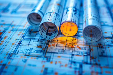 House blueprints, blue print style floor plans on architects desk, blueprint of a house from a high angle, engineering drawings blueprints and house plan blueprints rolled up