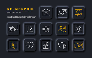 Dating app set icon. Sympathy, choice, mutual sympathy, dating site, planned date, correspondence, communication on the Internet, broken heart, likes. Neomorphism style. Vector line icon