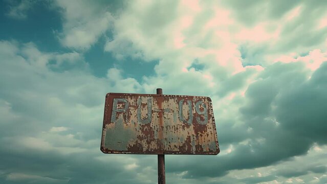 A rusted sign displaying the airports code its letters ly legible against a backdrop of cloudy skies.