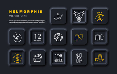 Money set icon. Cash reporting, euros, startups, storing dollars, deposit for different currencies, cashback, exchange for cryptocurrency, card. Neomorphism style. Vector line icon