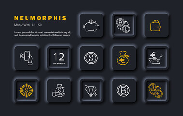 Currency set icon. Storage of money, safety of the dollar, exchange of dollars for bitcoin and vice versa, wallet, jewelry, cryptocurrency, safety of euros, NFC. Neomorphism style. Vector line icon