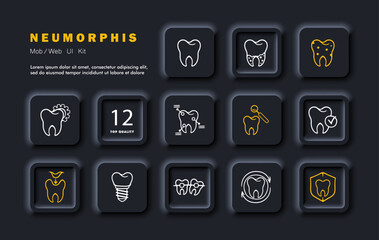 Teeth set icon. Tooth, its analysis, caries, oral health, tooth extraction, braces, inserts, tooth protection. Dentistry concept. Neomorphism style. Vector line icon