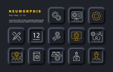 Teamwork set icon. Gear presentation, system work, contractor, setup, computer work, pencil and ruler, literature, computer. Work optimization concept. Neomorphism style. Vector line icon