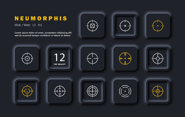 Sight set icon. Sight, hit marker, scope, range marking, crosshair, dot. Neomorphism style. Vector line icon