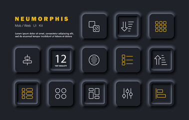 Tile set icon. Tiles, up arrow, down arrow, graphs, two points, one of them is shaded, settings sliders, infographics, points, tiles, circles, tasks, notes. Neomorphism style. Vector line icon