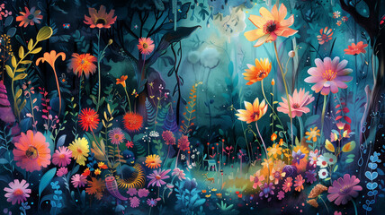 Obraz na płótnie Canvas Enchanted forest with colorful flora.