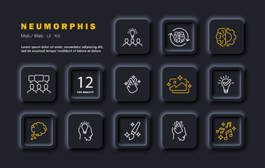 Search for ideas set icon. Mindset, constant thought processes, idea, music, awareness, discussion, teamwork, thoughts, creativity, snapping fingers. Neomorphism style. Vector line icon