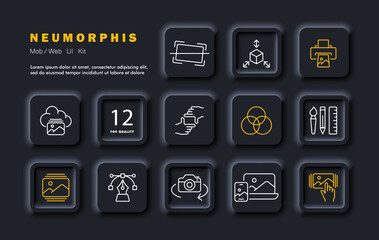 Photos set icon. Printer, brush, pencil, ruler, photo selection, pen, gradient, cropping, storing photos on cloud. Concept of editing and working with photos. Neomorphism style. Vector line icon
