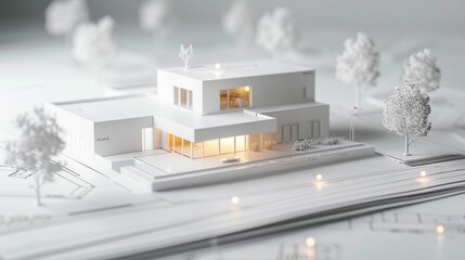 Maquette d'une villa d'architecte posée sur des plans, fond blanc, illustration ia générative
