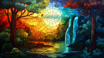 Stained glass nature scene of colour full