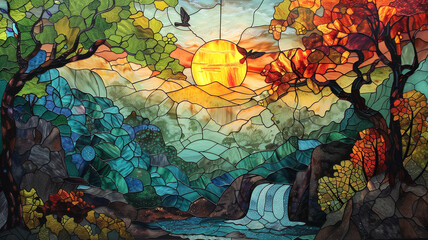 Stained glass nature scene of colour full