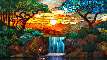 Stained glass nature scene of colour full