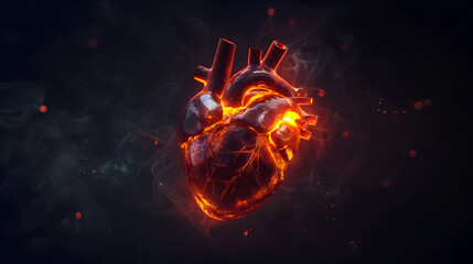Digital illustration depicting a human heart surrounded by flames and smoke, representing passion, and potential health issues, rendered in vivid colors on a dark backdrop