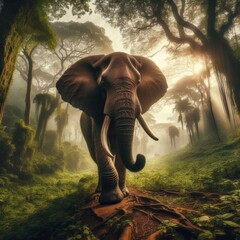 African elephant walks through the African rainforest forest
 - obrazy, fototapety, plakaty