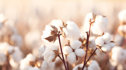 A close-up view showcasing numerous cotton plants with fluffy white fibers, ready for harvest. Banner, copy space.