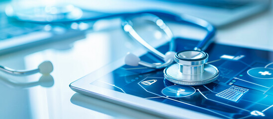 medical with advance technology concept background. tablet and stethoscope at hospital